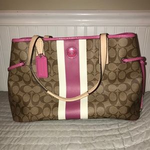 Coach Signature Pink Stripe Tote w/ 2 Compartments
